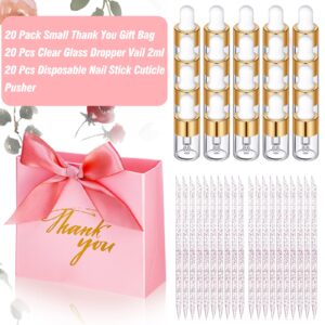 20 Pack Mini Pink Thank You Gift Bags, 20 Pcs Glass Oil Dropper Vail 2 ml 20 Pcs Disposable Nail Stick Cuticle Pusher Pink Goodie Bags for Wedding Baby Shower Party Favors