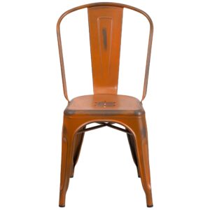 Merrick Lane Banks Stacking Dining Chair - Orange Metal Frame - Distressed Powder Coated Finish - Curved Slat Back - 500 lb. Static Weight Capacity