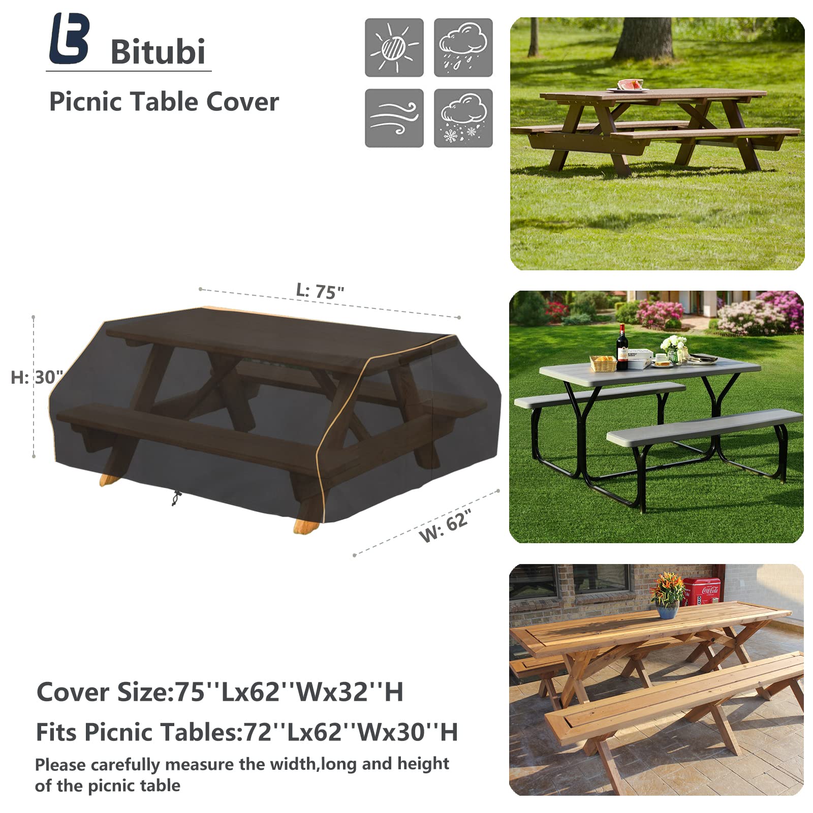 Bitubi 70 / 72 Inch Waterproof Picnic Table Cover With Bench Covers,Classic Black Wind Dust Proof Anti-UV, 72”Outdoor Cover For Picnic Table