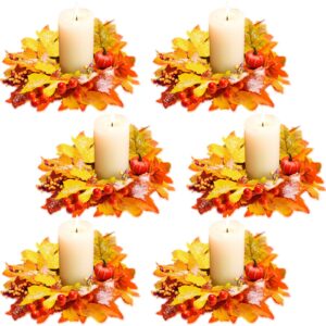 6 pcs fall candle rings wreaths thanksgiving artificial pumpkin maple leaf candle garland with berries candle rings for pillars autumn wedding parties centerpieces fall table decor