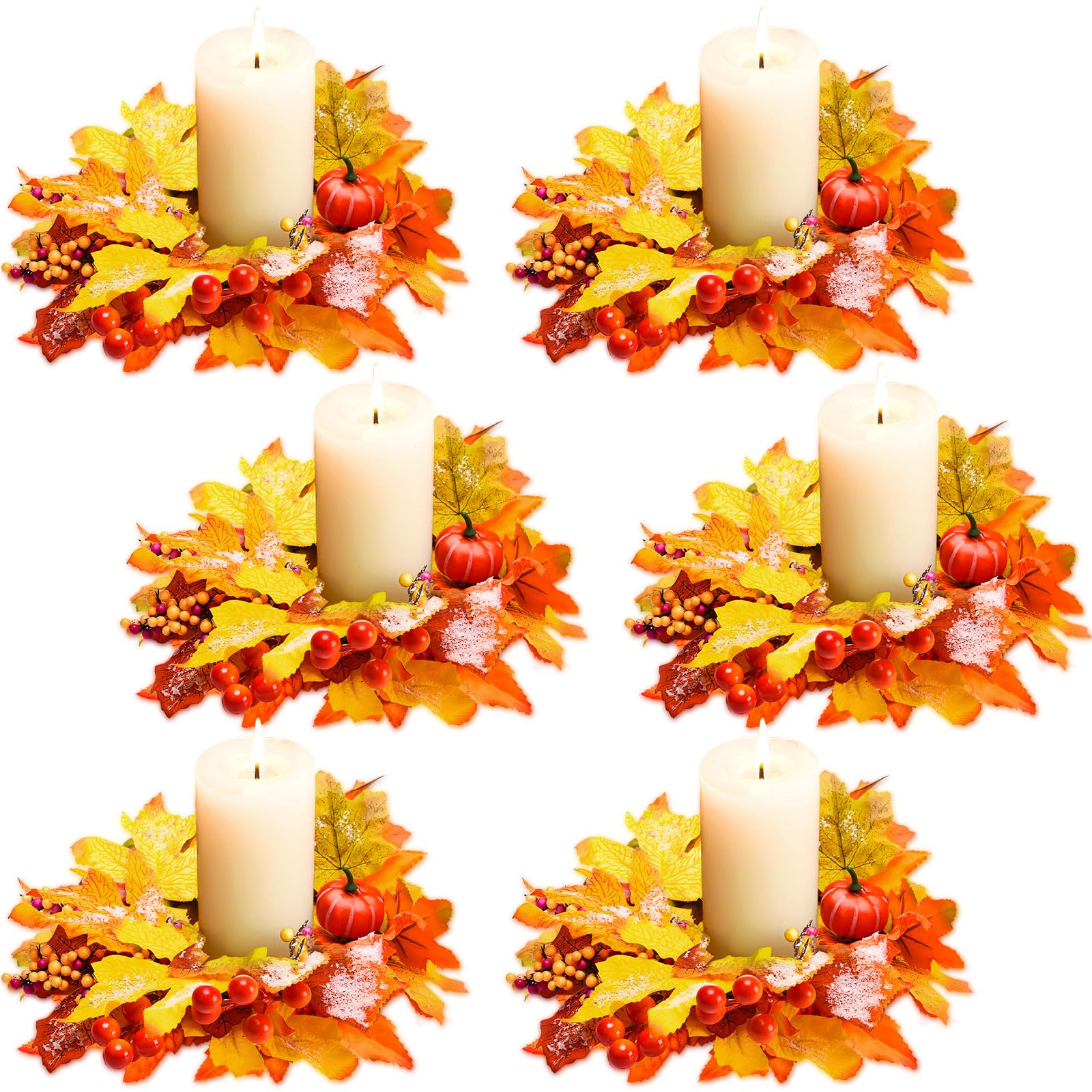 6 Pcs Fall Candle Rings Wreaths Thanksgiving Artificial Pumpkin Maple Leaf Candle Garland with Berries Candle Rings for Pillars Autumn Wedding Parties Centerpieces Fall Table Decor