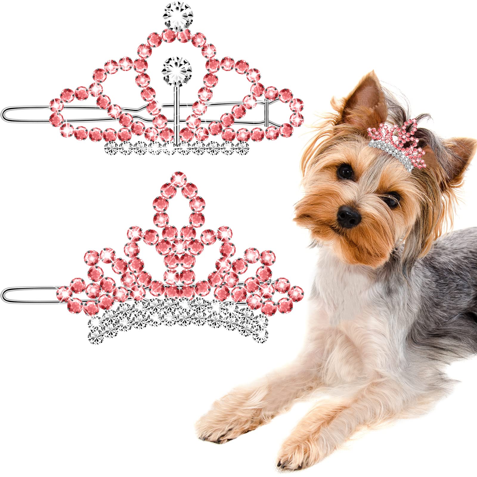 MTLEE Crystal Rhinestone Hair Accessories - 2 Tiara Clips for Dogs, Girls and Pet Grooming Costumes (Pink)