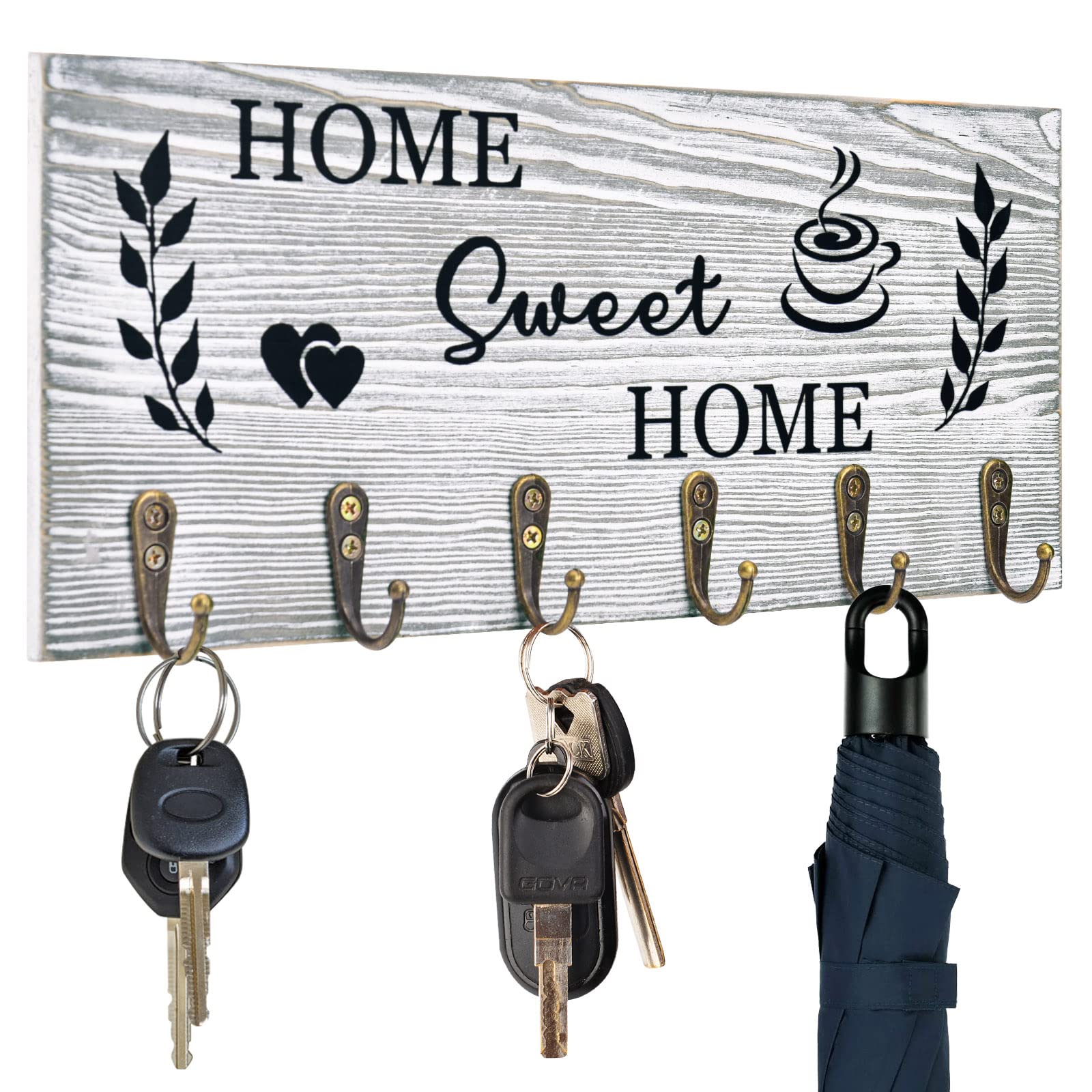 AHYS Key Holder Wall Mount Rustic Home Sweet Home Sign with Key Holder for Wall Decor Key Hanger Key Rack with 6 Key Hooks Wall Key Holder for Entryway Living Room Bedroom - Grey