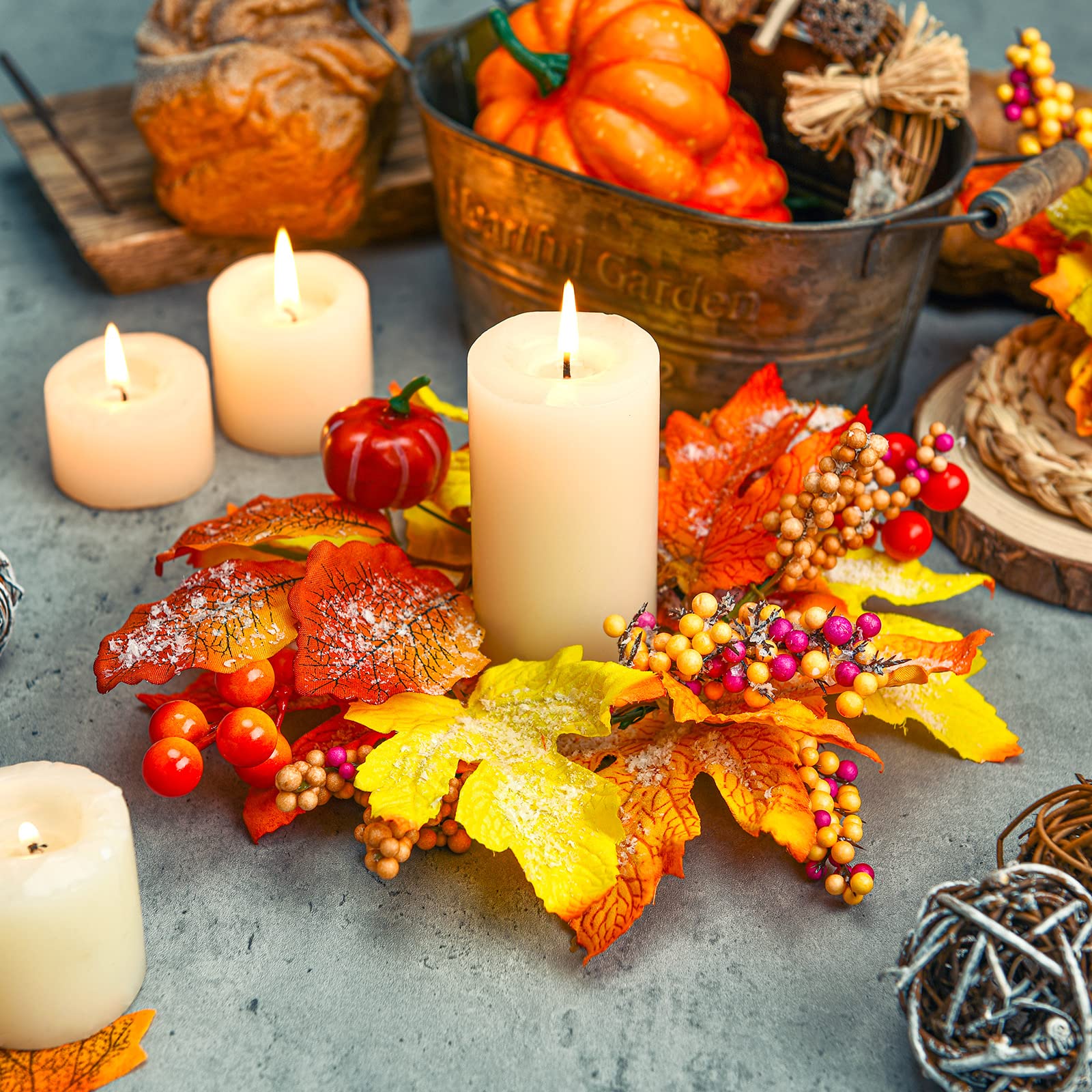 6 Pcs Fall Candle Rings Wreaths Thanksgiving Artificial Pumpkin Maple Leaf Candle Garland with Berries Candle Rings for Pillars Autumn Wedding Parties Centerpieces Fall Table Decor