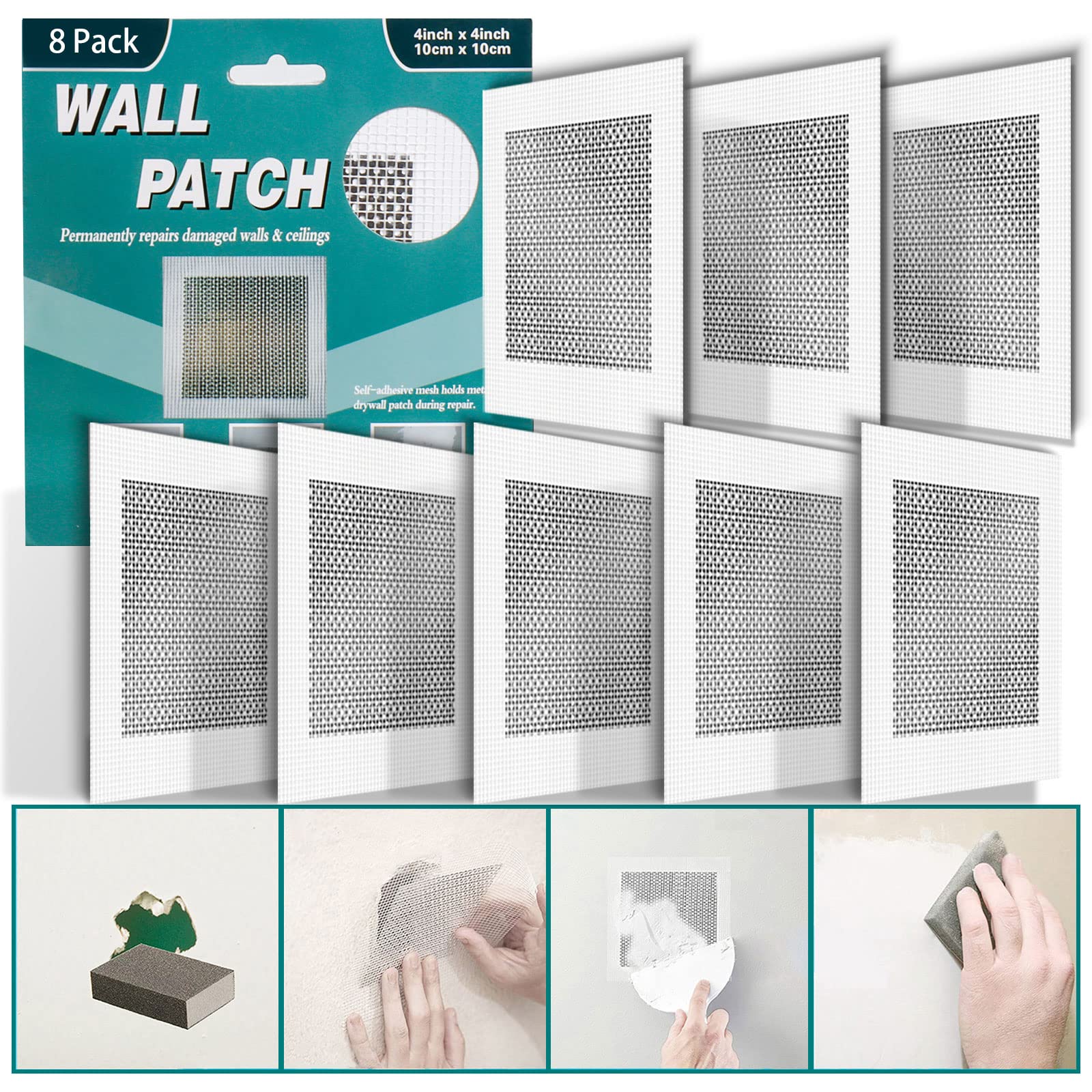 8Pcs 4 Inch Drywall Repair Kit,Wall Repair Patch Kit, Self-Adhesive Fiberglass Dry Wall Patch Kits for Aluminum Metal Sheetrock Ceiling (4"x 4")