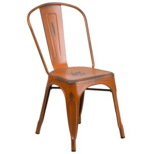 Merrick Lane Banks Stacking Dining Chair - Orange Metal Frame - Distressed Powder Coated Finish - Curved Slat Back - 500 lb. Static Weight Capacity