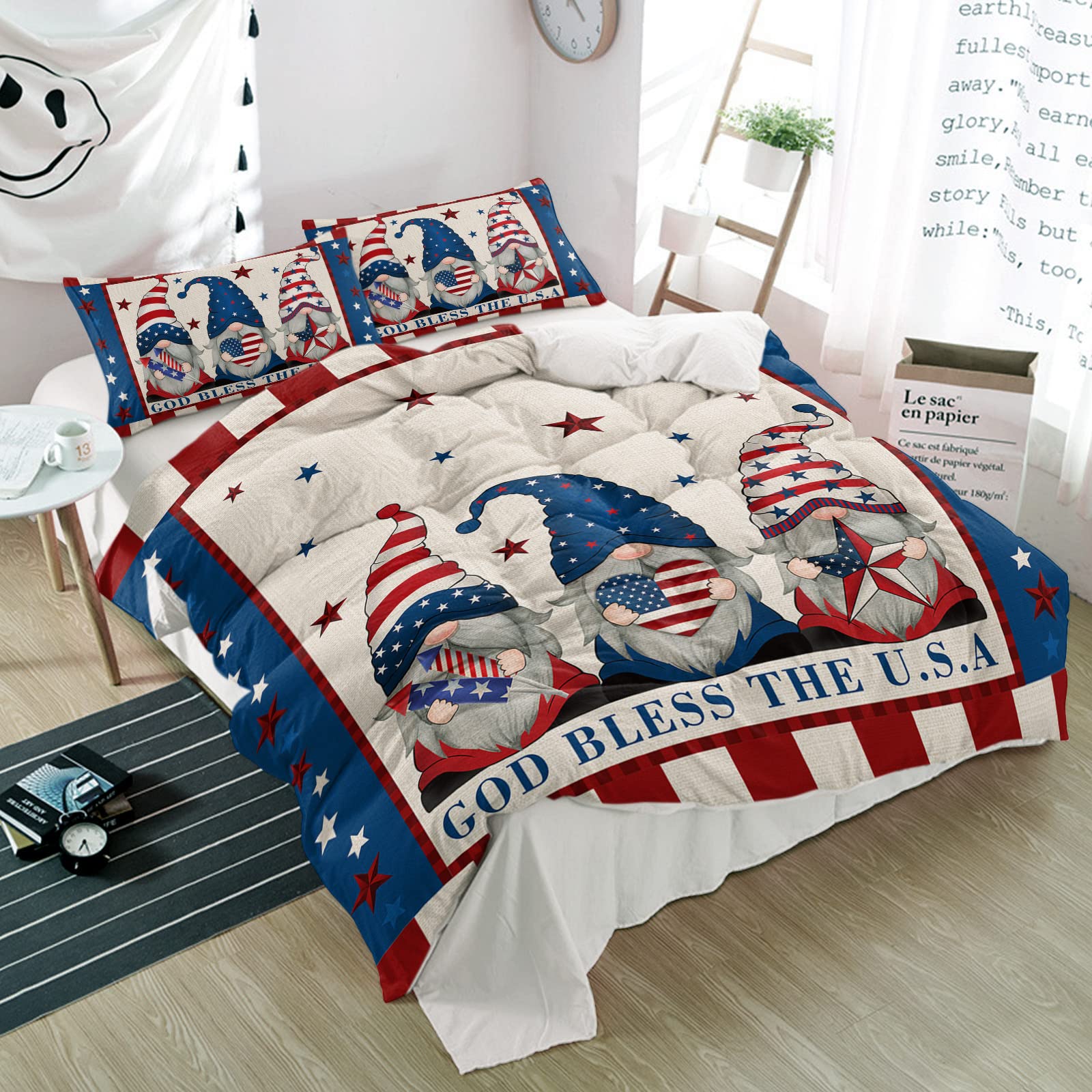 3 Pieces Duvet Cover Bedding Set Cal King 4th of July Patriotic Gnome USA Flag Breathable Soft Comforter Cover with Zipper and Pillowcases Luxury Quilt Covers for Bedroom Independence Day Retro Linen