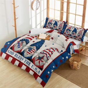 3 Pieces Duvet Cover Bedding Set Cal King 4th of July Patriotic Gnome USA Flag Breathable Soft Comforter Cover with Zipper and Pillowcases Luxury Quilt Covers for Bedroom Independence Day Retro Linen