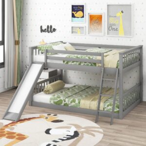 harper & bright designs full over full bunk bed with slide and ladder, wooden low bunk bed, kids floor bunk bed frame - gray