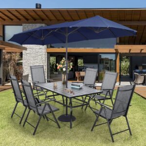 Sophia & William 7 Pieces Foldable Patio Dining Set with 13ft Navy Blue Umbrella, Folding Outdoor Dining Set for 6, Rectangular Metal Patio Table and Sling Chairs Set, Grey