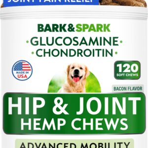 Bark&Spark Advanced Hemp Chews for Dog Joint Pain Relief - Glucosamine Chondroitin Hemp Treats Hip Joint Health - Joint Supplement Large Breed & Small - Hemp Treats Joints Old Senior Dog (120Ct/Bacon)