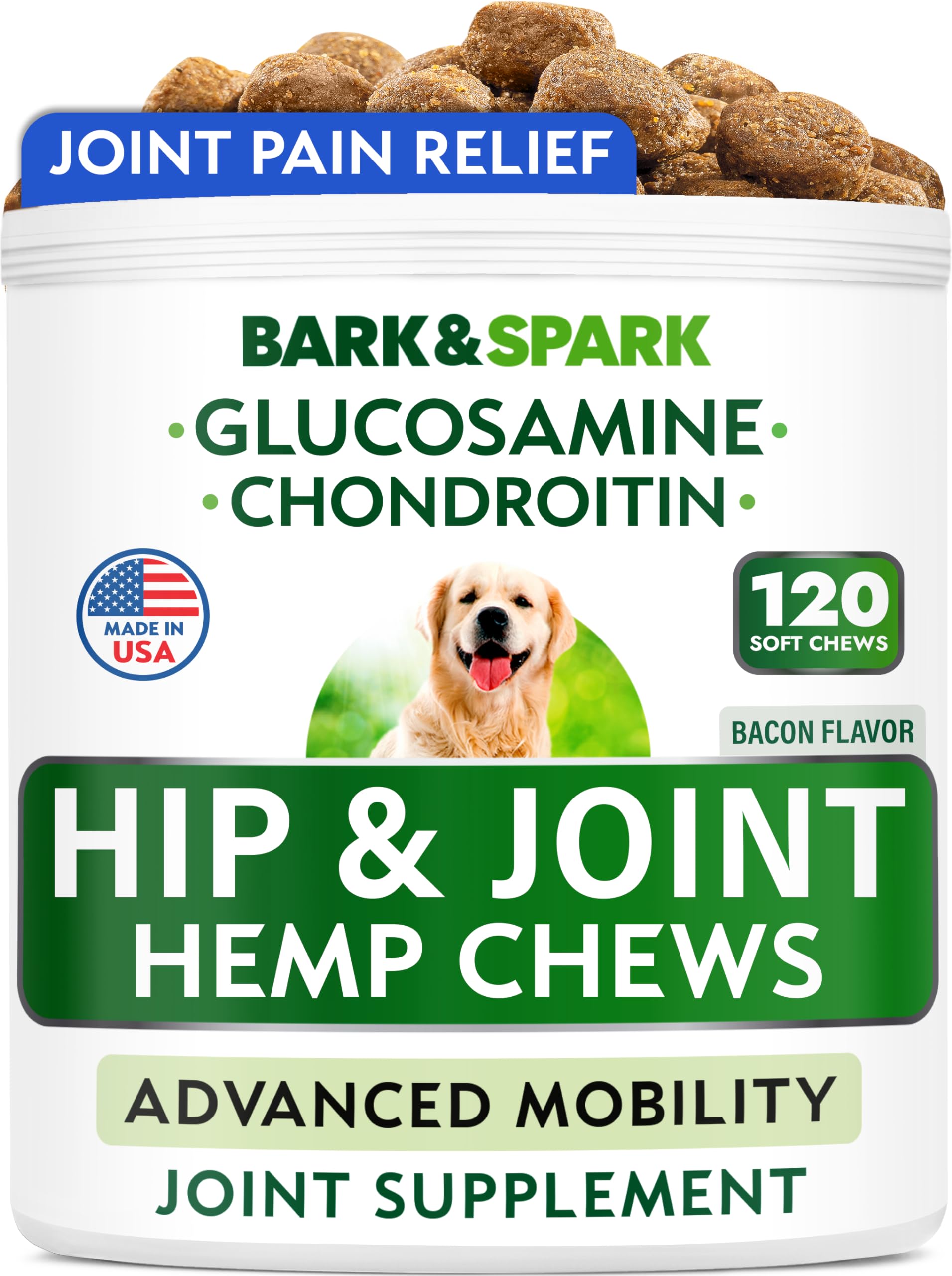 Bark&Spark Advanced Hemp Chews for Dog Joint Pain Relief - Glucosamine Chondroitin Hemp Treats Hip Joint Health - Joint Supplement Large Breed & Small - Hemp Treats Joints Old Senior Dog (120Ct/Bacon)