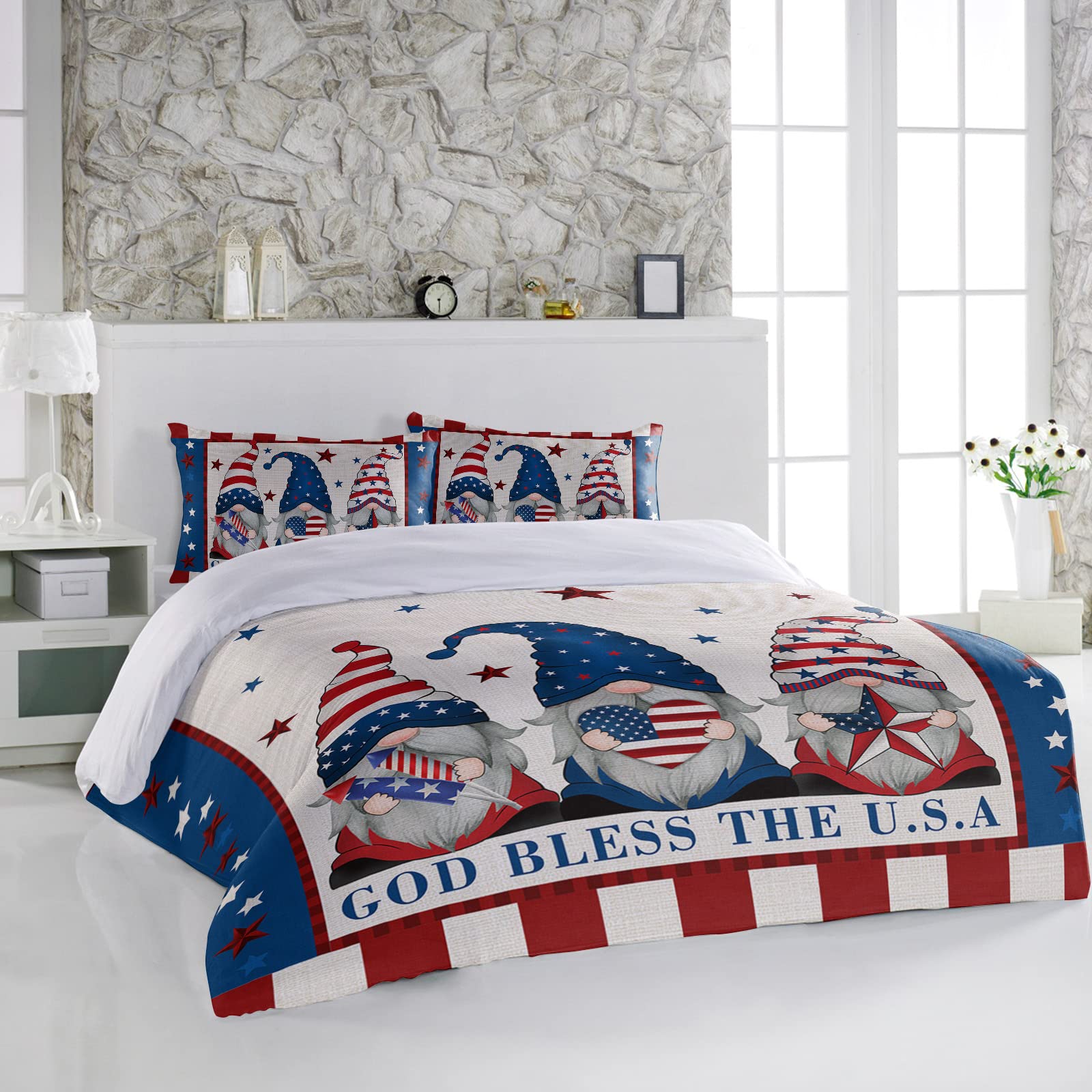 3 Pieces Duvet Cover Bedding Set Cal King 4th of July Patriotic Gnome USA Flag Breathable Soft Comforter Cover with Zipper and Pillowcases Luxury Quilt Covers for Bedroom Independence Day Retro Linen