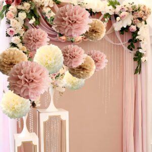 12-Piece Boho Dusty Rose Mauve Pink Tan Brown Cream Party Tissue Pom poms Paper Flowers Wall Hanging Backdrop Centerpieces for Table Wedding Baby Bridal Shower Nursery Garden Decoration