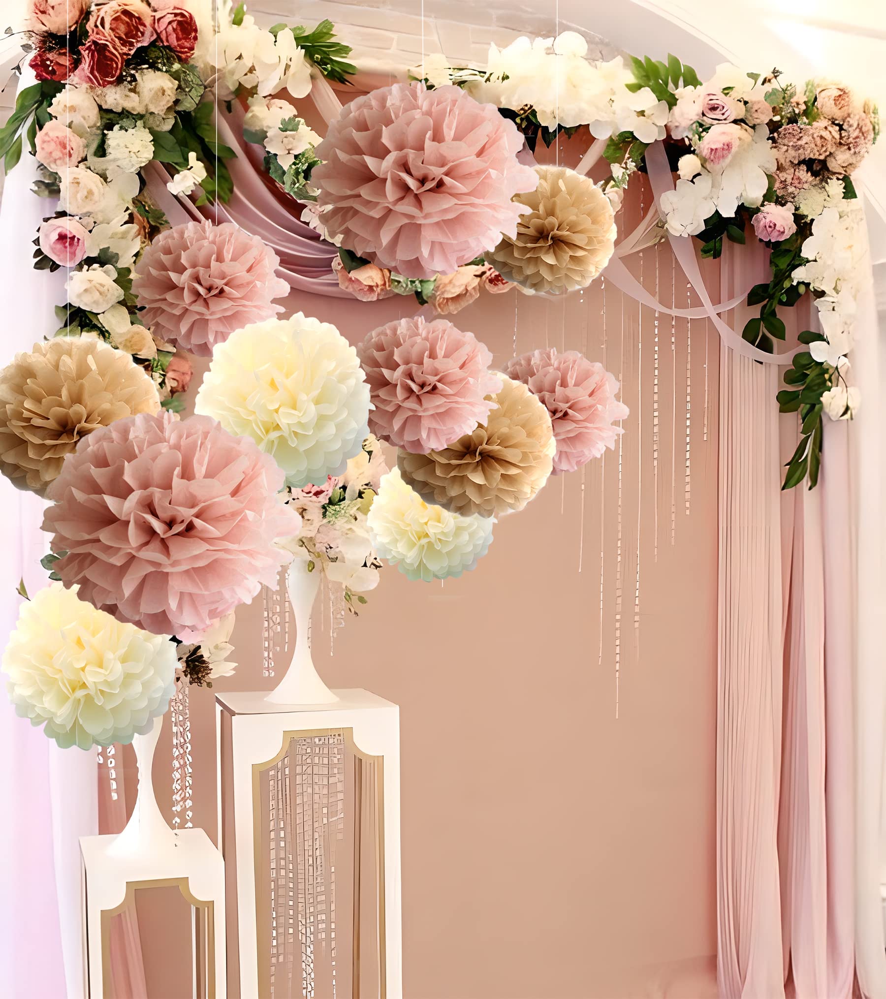 12-Piece Boho Dusty Rose Mauve Pink Tan Brown Cream Party Tissue Pom poms Paper Flowers Wall Hanging Backdrop Centerpieces for Table Wedding Baby Bridal Shower Nursery Garden Decoration