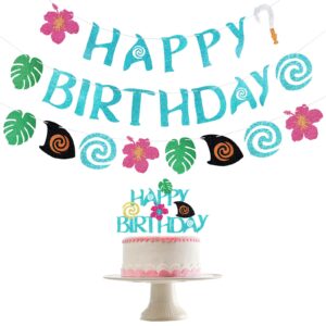 moana happy birthday banner and moana birthday cake topper for moana birthday party decorations hawaiian birthday banner for tropical luau summer birthday party baby shower decor