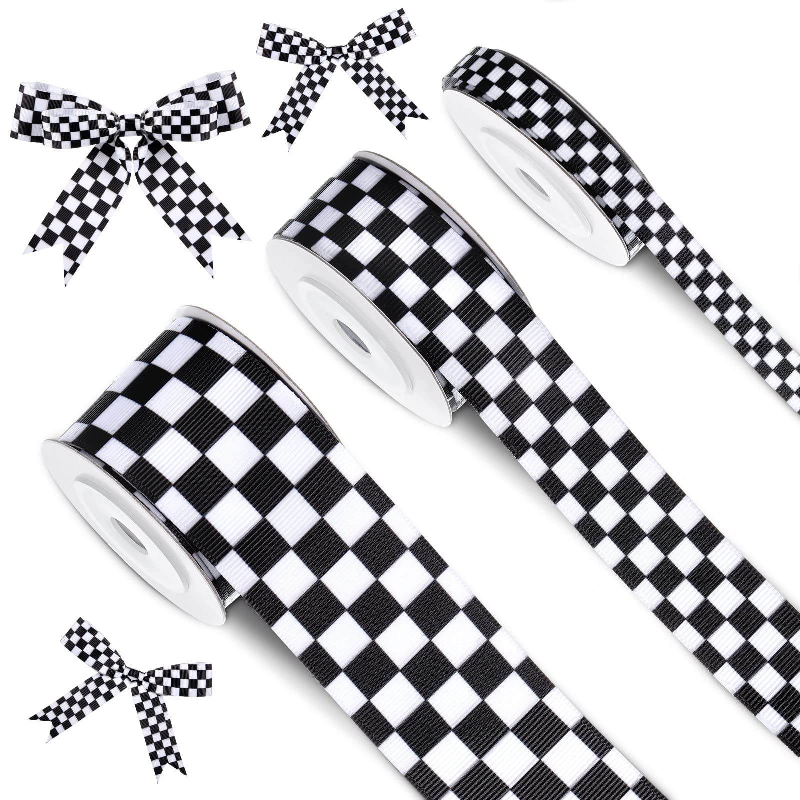 3 Rolls Black Grosgrain Ribbon White Checkered Printed Ribbon Racing Car Theme Printed Checkered Ribbon Plaid Buffalo Ribbon for DIY Crafts Wreath Party, 0.4, 0.87, 1.5 Inch Wide, 15 Yard (Plaid)