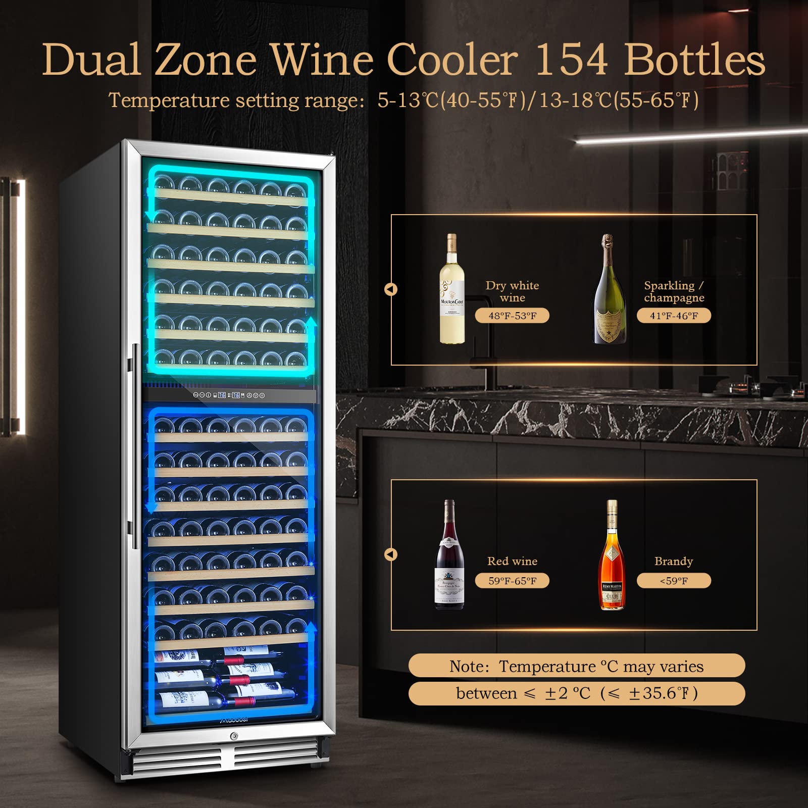 AAOBOSI 24 Inch Wine Cooler Dual Zone, 154 Bottles Wine Refrigerator Built in or Freestanding Wine Fridge 40°F-65°F with Intelligent Temperature Control-Memory Function-Powerful Compressor-Quiet