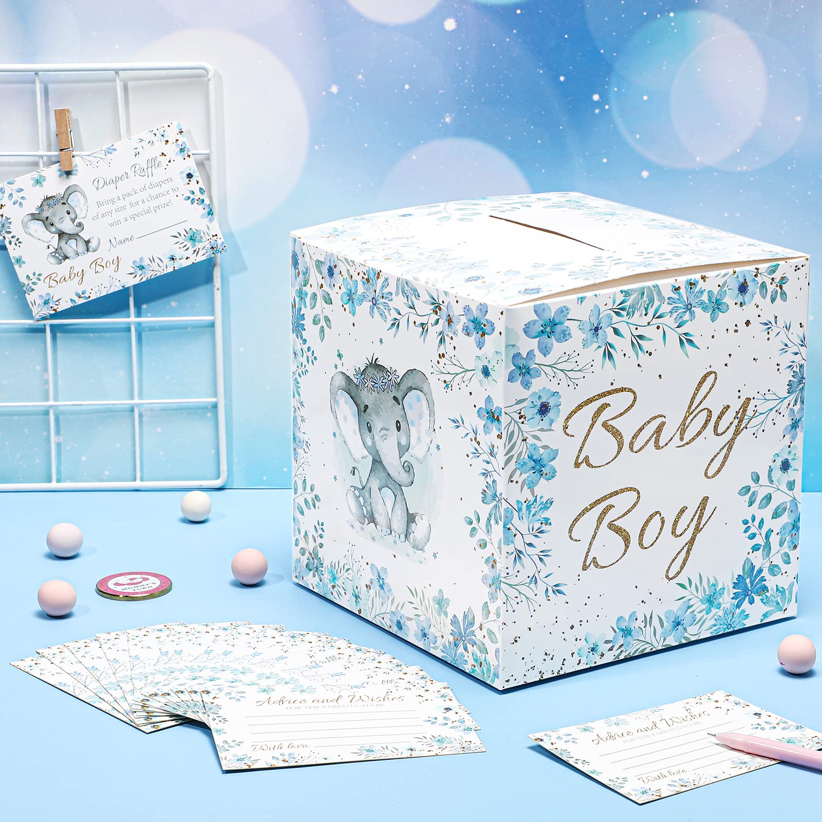 50 Pcs Elephant Diaper Raffle Tickets with Baby Shower Holder Box Baby Party Decorations Diaper Raffle Box Baby Shower Card Elephant Game Insert Card for Baby Boy Party Diaper Raffle Game Baby Shower