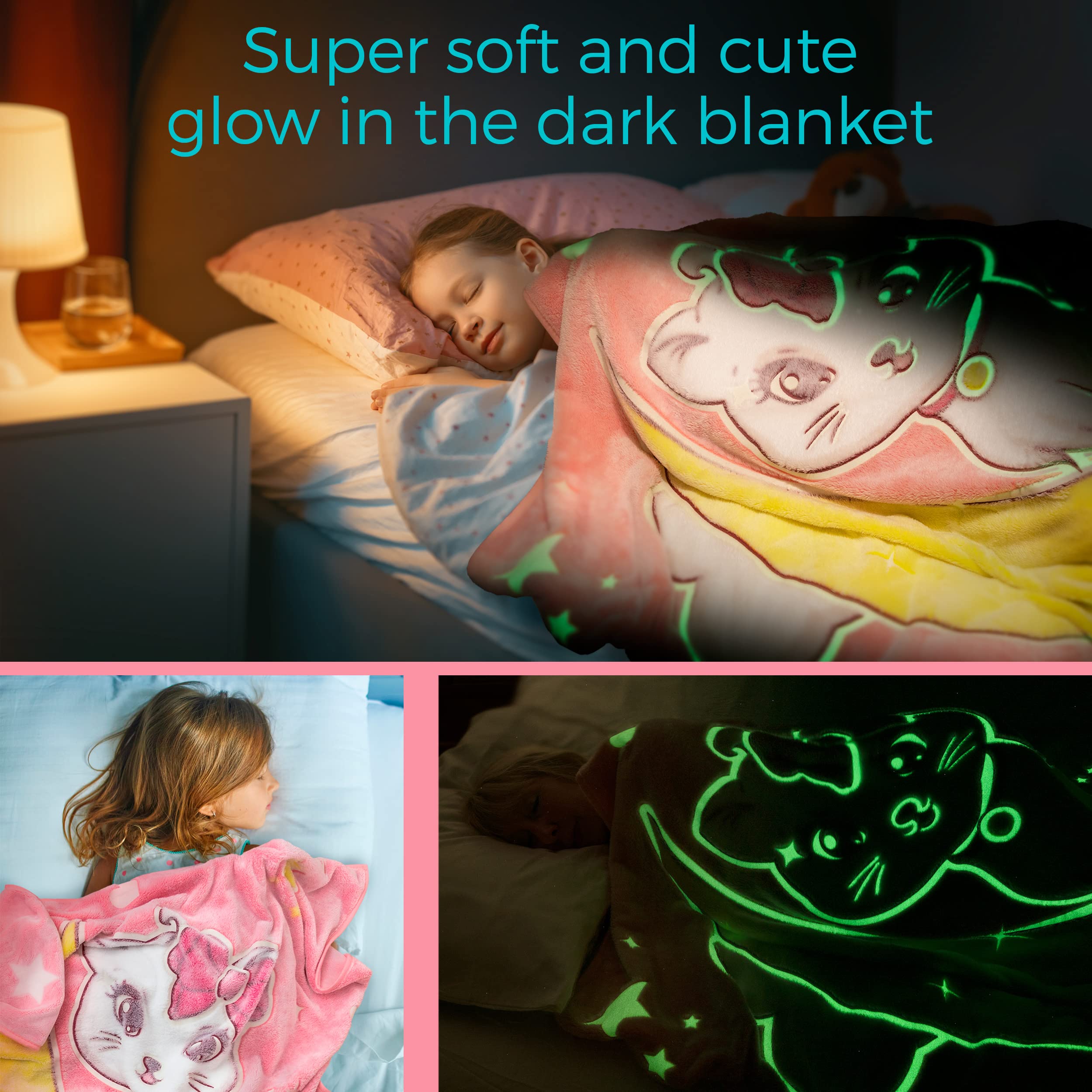 Glow in The Dark Blankets for Girls - Kids Blankets for Girls, Glows 8+ Hrs, Glow in the Dark Throw Blanket for Girls, Fuzzy Pink Blanket, Toddler Fleece Blanket, Teen Blanket for Cat Lovers, 50x60in