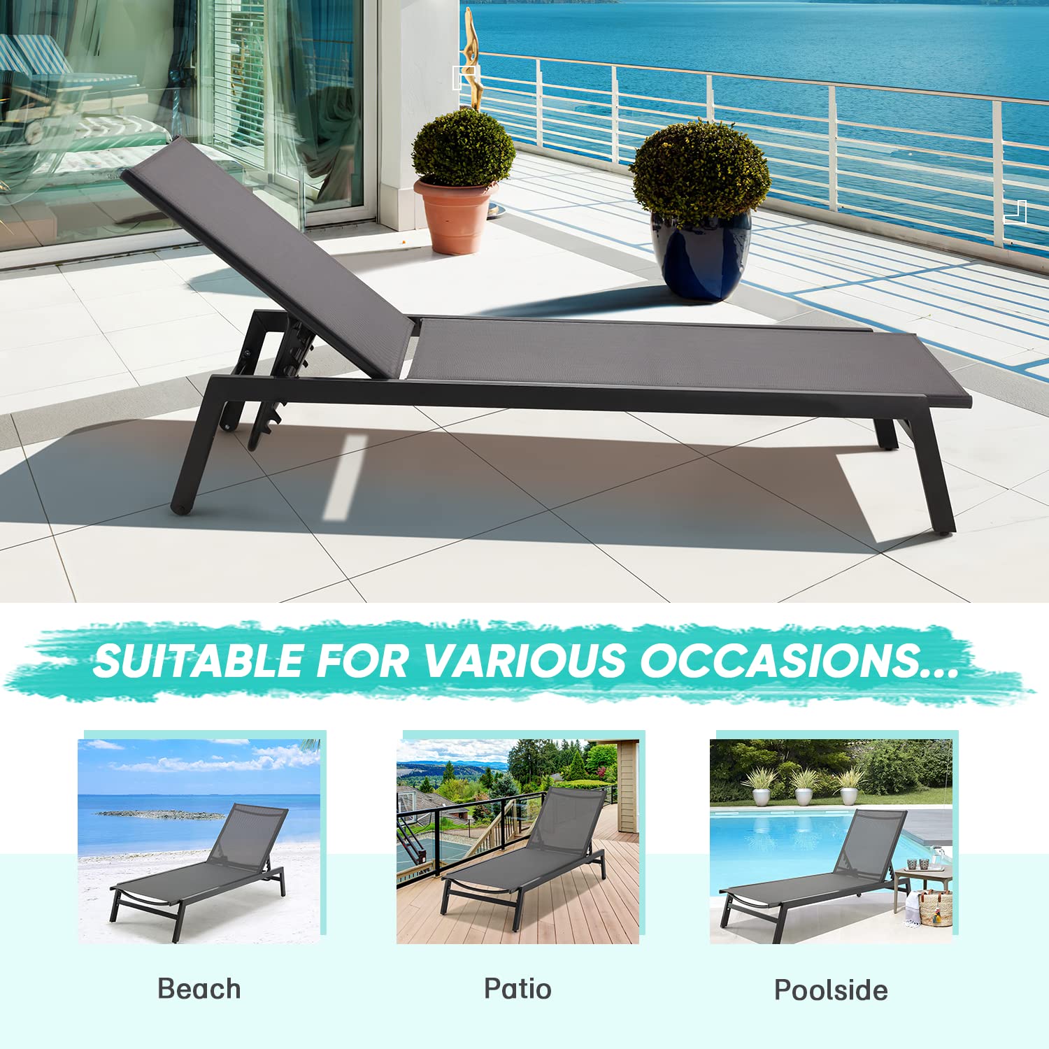 Erinnyees Outdoor Chaise Lounge, Aluminum Patio Lounge Chair with Wheels, All-Weather Five-Position Adjustable Reclining Chair, for Patio Pool, Deck, Beach, Yard