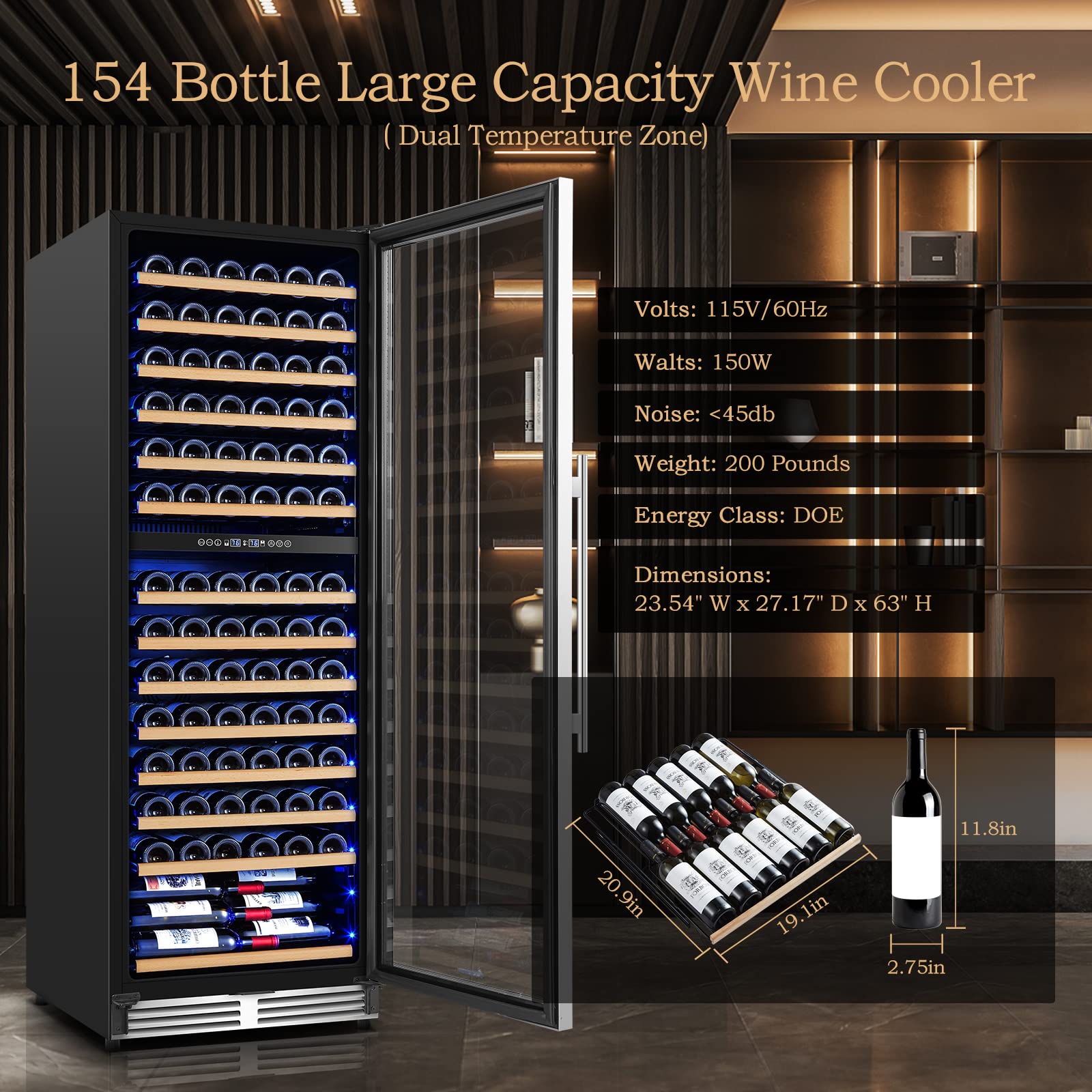 AAOBOSI 24 Inch Wine Cooler Dual Zone, 154 Bottles Wine Refrigerator Built in or Freestanding Wine Fridge 40°F-65°F with Intelligent Temperature Control-Memory Function-Powerful Compressor-Quiet