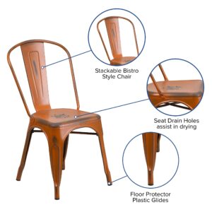 Merrick Lane Banks Stacking Dining Chair - Orange Metal Frame - Distressed Powder Coated Finish - Curved Slat Back - 500 lb. Static Weight Capacity