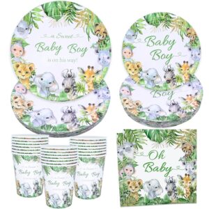 jungle safari baby shower decorations tableware set serves 24, green animals paper plates, napkins, paper cups for baby boy wild one birthday baby shower party supplies