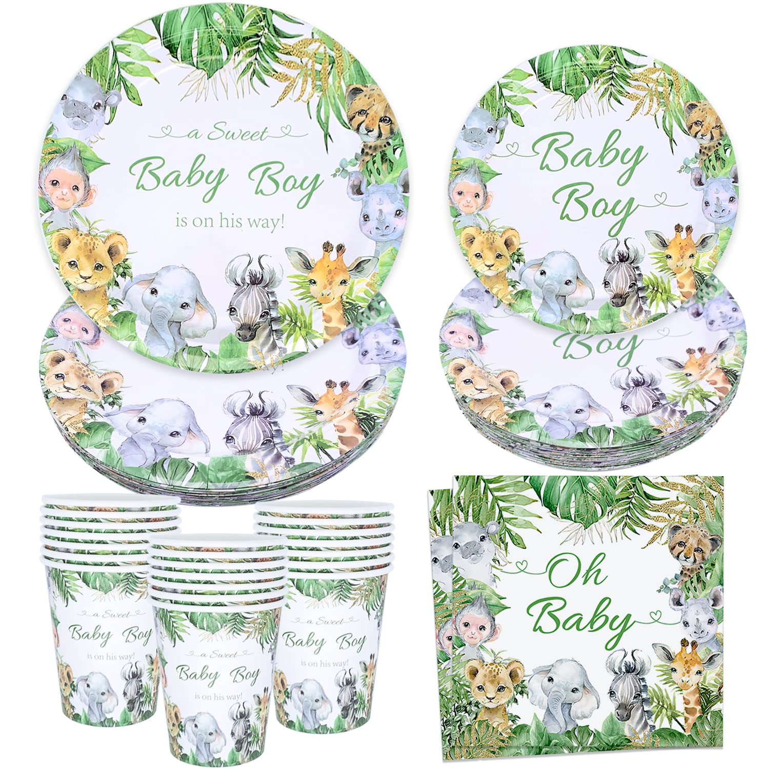 Jungle Safari Baby Shower Decorations Tableware Set Serves 24, Green Animals Paper Plates, Napkins, Paper Cups for Baby Boy Wild One Birthday Baby Shower Party Supplies