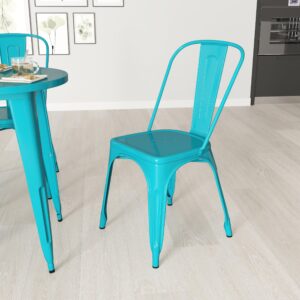 merrick lane wells stacking dining chair - powder coated crystal teal-blue metal frame - curved slat back - 500 lb. static weight capacity - indoor/outdoor use