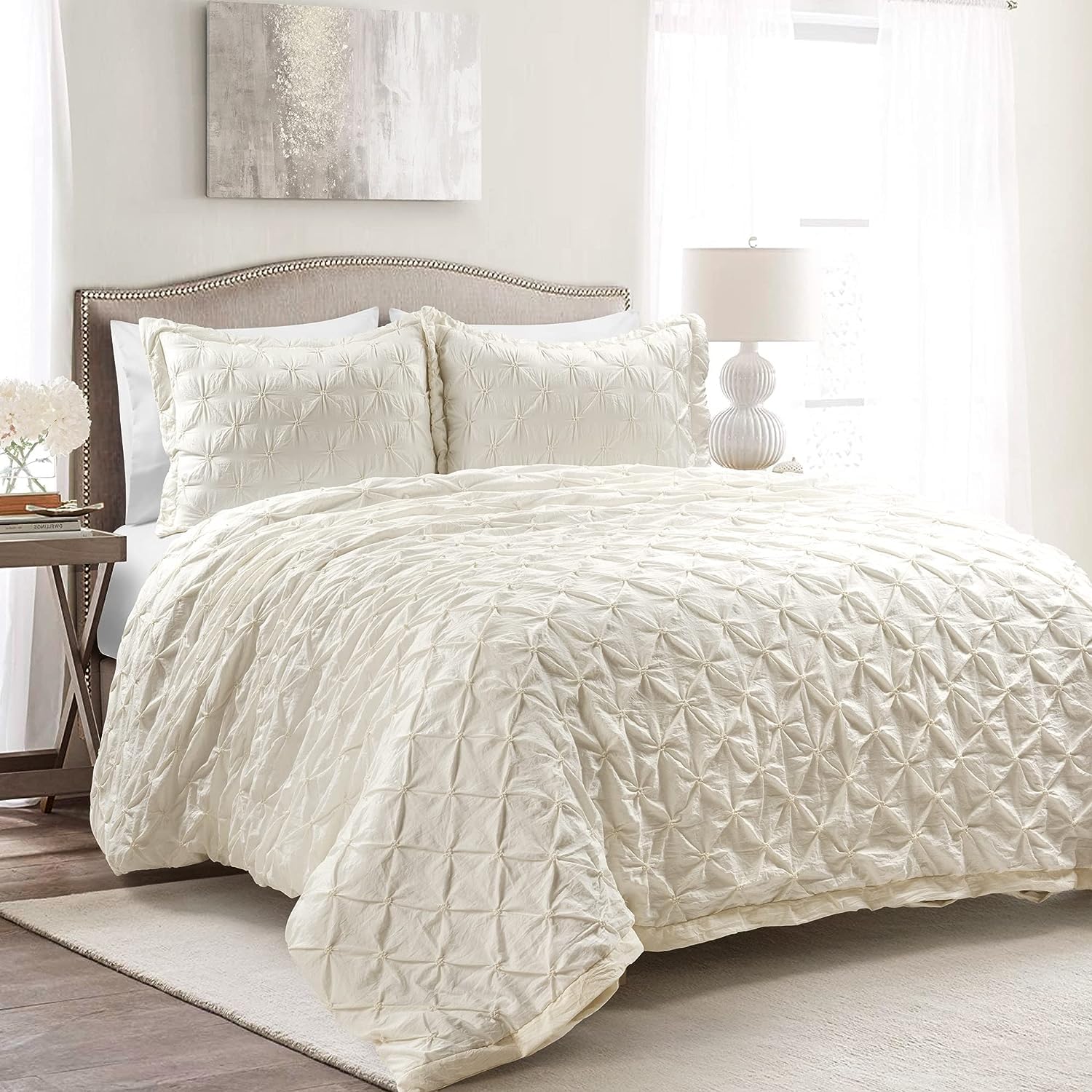 Lush Decor Ravello Pintuck Duvet Cover Set - Luxe 3 Piece Textured Oversized Bedding Set - Traditional Glam & Farmhouse Inspired Bedroom Decor - Full/ Queen, Ivory