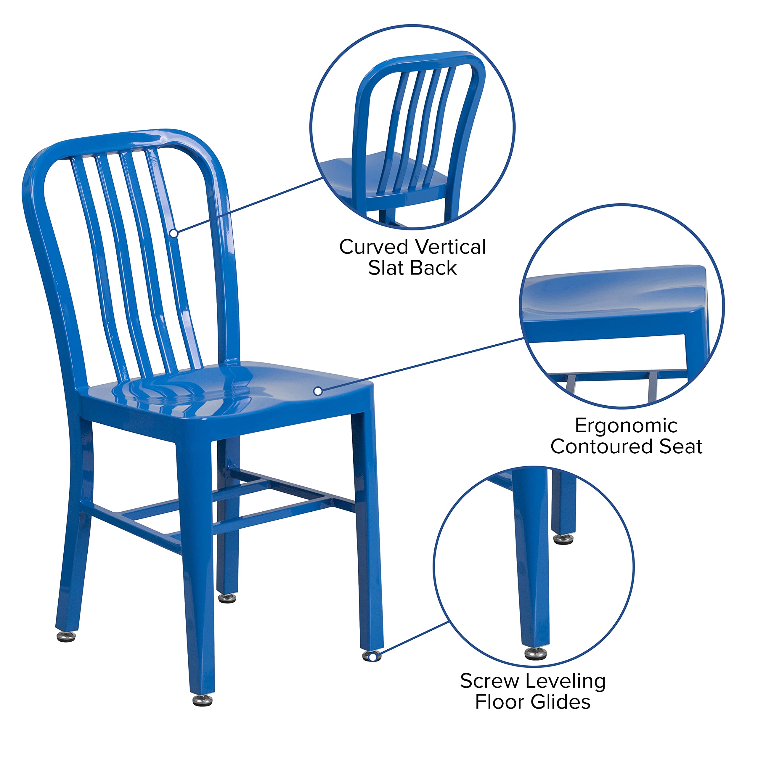 Merrick Lane Santorini Indoor/Outdoor Dining Chair - Blue Galvanized Steel Frame - 18 Inch Seat - Slatted Back