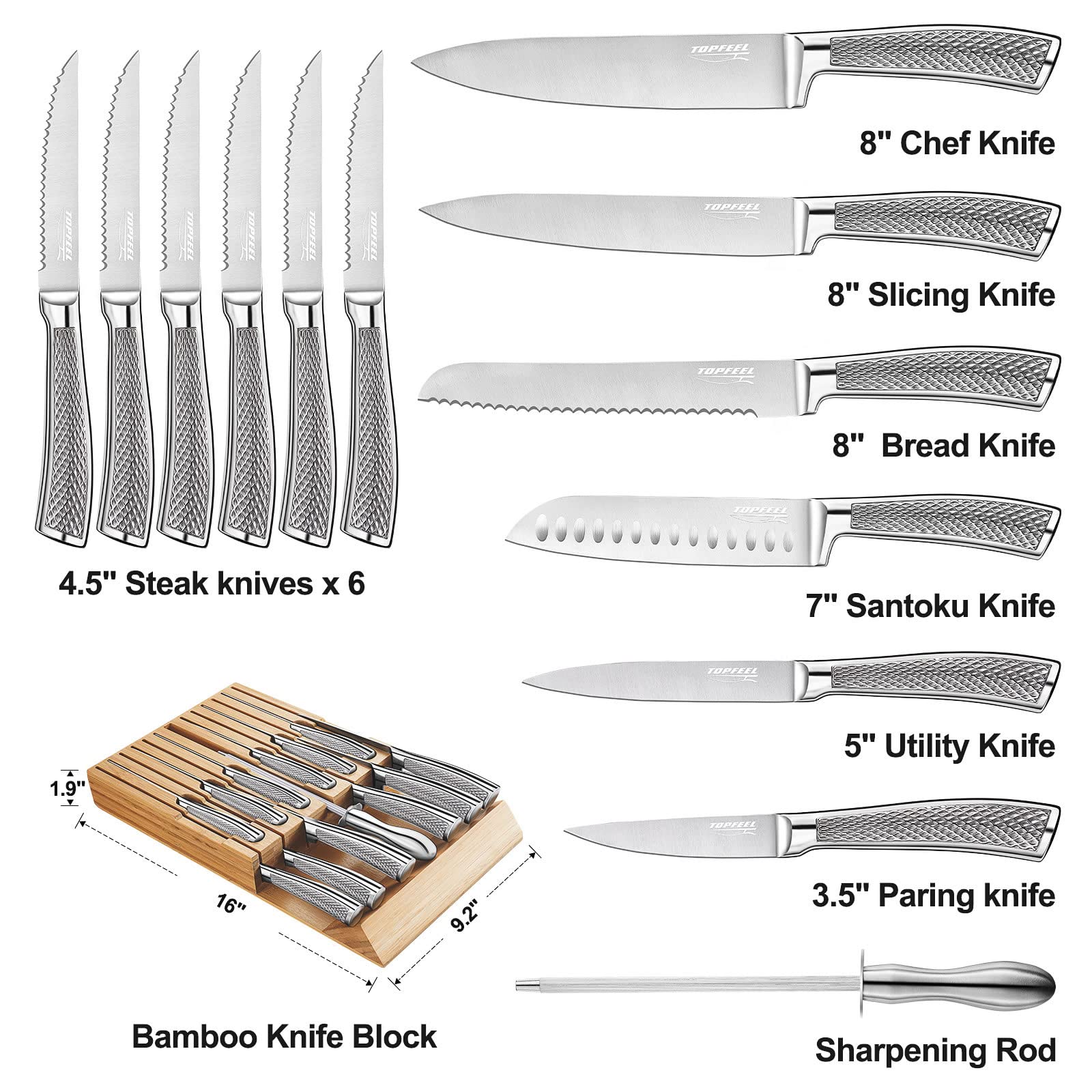 14 Pcs German Stainless Steel Kitchen Knife Set with In-Drawer Bamboo Knife Block - 7 Chef Knives,6 Serrated Steak Knives, Knife Sharpener, Ultra Sharp Chef Knife Set with Full-Tang Design