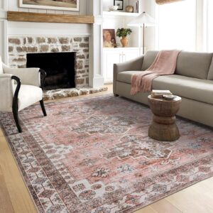 fashriend meiko boho area rug, 7'6''×9'6'' washable vintage rug, non-slip oriental floral rug, non-shedding accent carpet with low pile for living room, bedroom, dining room, office, classroom, pink