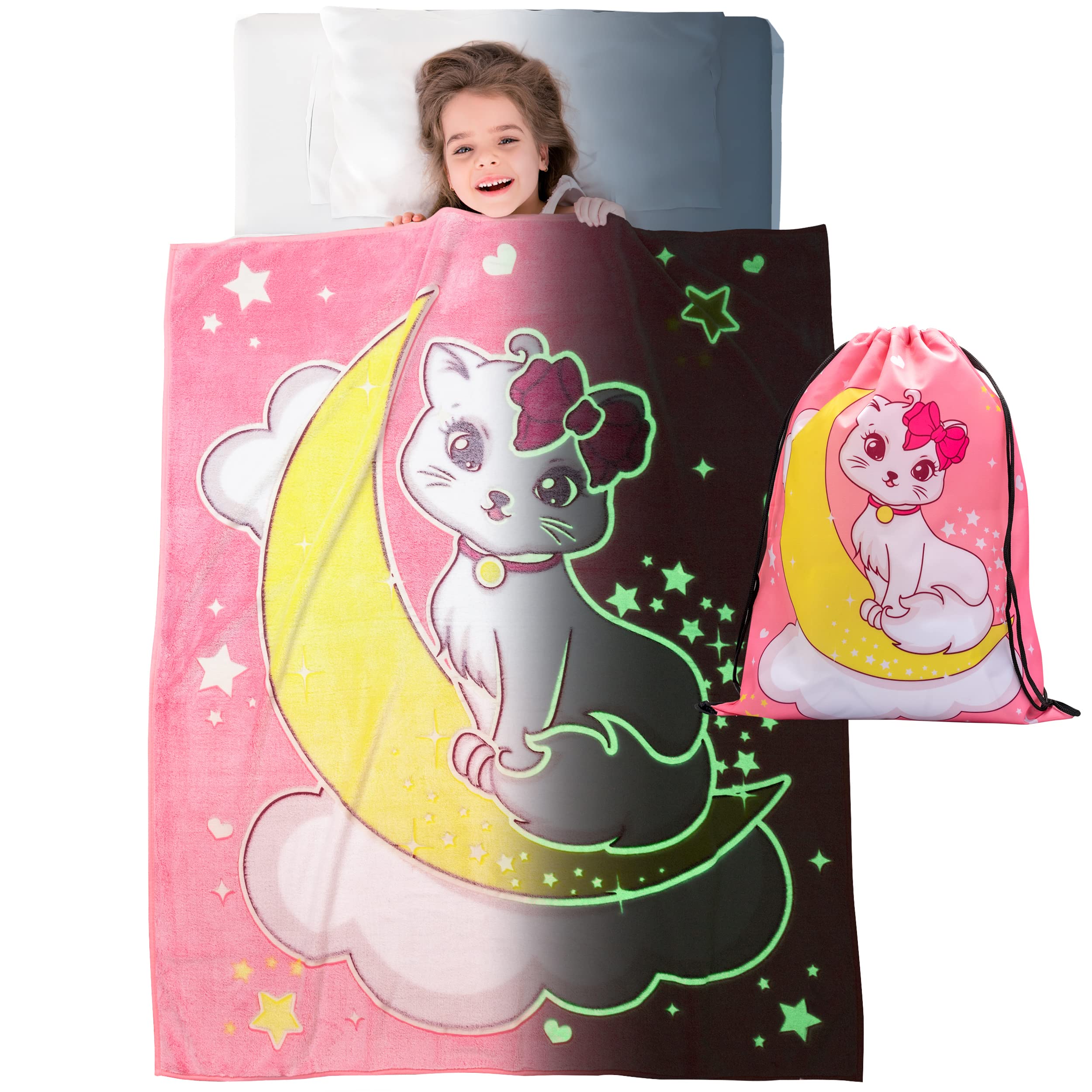 Glow in The Dark Blankets for Girls - Kids Blankets for Girls, Glows 8+ Hrs, Glow in the Dark Throw Blanket for Girls, Fuzzy Pink Blanket, Toddler Fleece Blanket, Teen Blanket for Cat Lovers, 50x60in