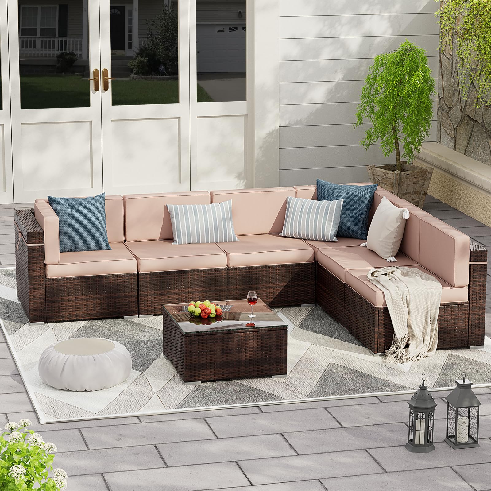 UDPATIO Outdoor Patio Furniture Sets 7 Pieces Outdoor Sectional Furniture, PE Rattan Sofa Wicker Patio Conversation Set with Cover for Deck Balcony Yard Poolside w/Coffee Table Thicken Cushions, Khaki