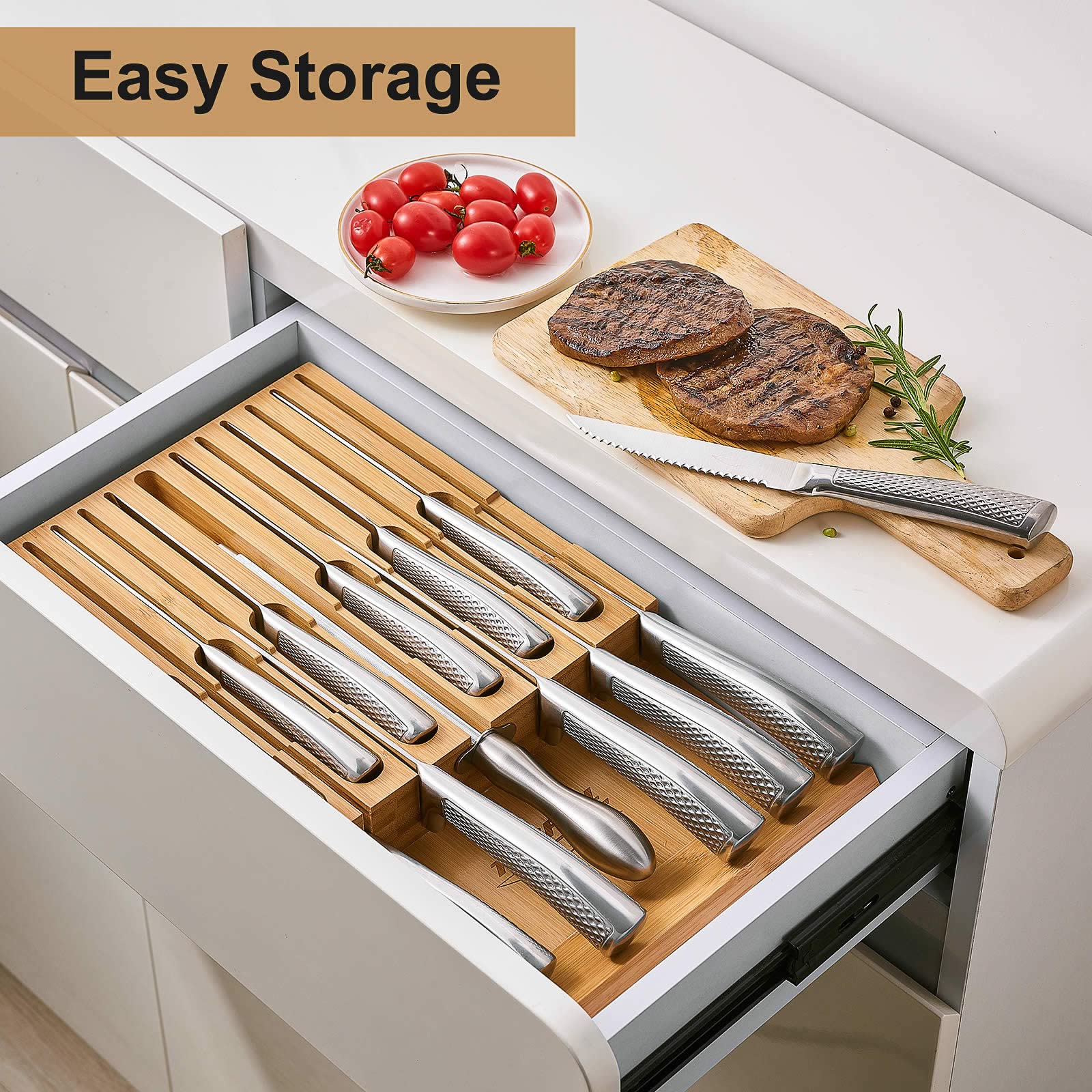 14 Pcs German Stainless Steel Kitchen Knife Set with In-Drawer Bamboo Knife Block - 7 Chef Knives,6 Serrated Steak Knives, Knife Sharpener, Ultra Sharp Chef Knife Set with Full-Tang Design