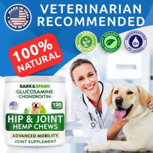 Bark&Spark Advanced Hemp Chews for Dog Joint Pain Relief - Glucosamine Chondroitin Hemp Treats Hip Joint Health - Joint Supplement Large Breed & Small - Hemp Treats Joints Old Senior Dog (120Ct/Bacon)