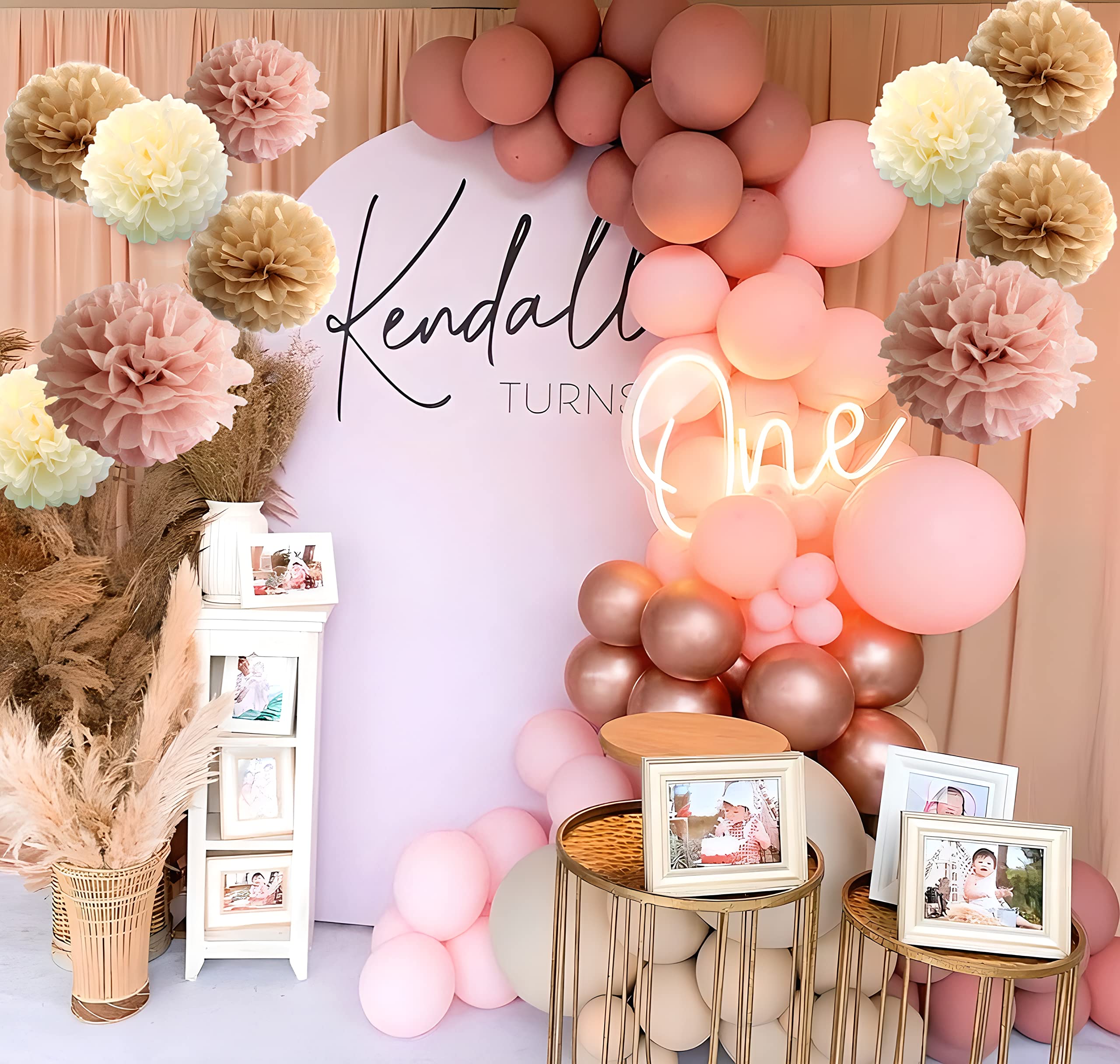 12-Piece Boho Dusty Rose Mauve Pink Tan Brown Cream Party Tissue Pom poms Paper Flowers Wall Hanging Backdrop Centerpieces for Table Wedding Baby Bridal Shower Nursery Garden Decoration