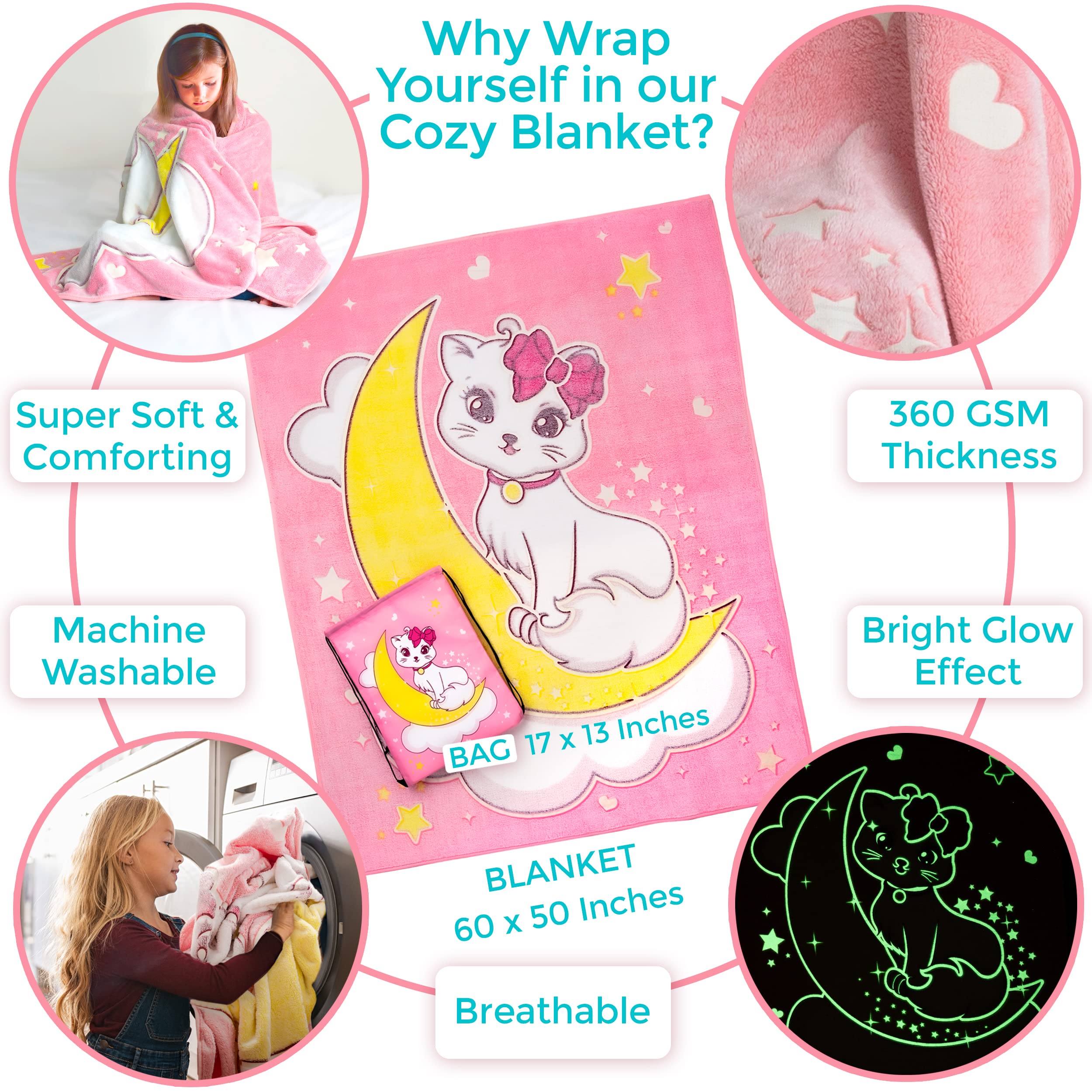 Glow in The Dark Blankets for Girls - Kids Blankets for Girls, Glows 8+ Hrs, Glow in the Dark Throw Blanket for Girls, Fuzzy Pink Blanket, Toddler Fleece Blanket, Teen Blanket for Cat Lovers, 50x60in