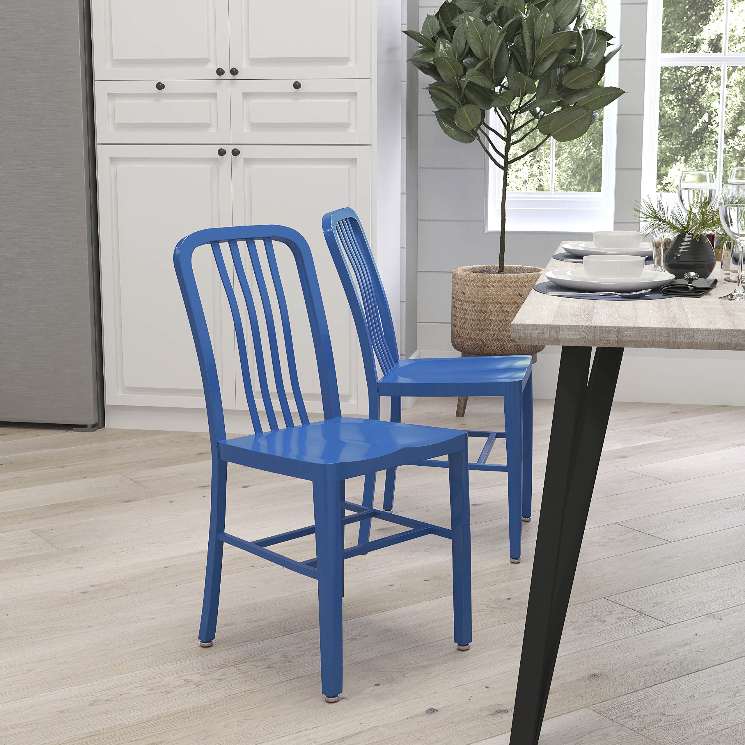 Merrick Lane Santorini Indoor/Outdoor Dining Chair - Blue Galvanized Steel Frame - 18 Inch Seat - Slatted Back