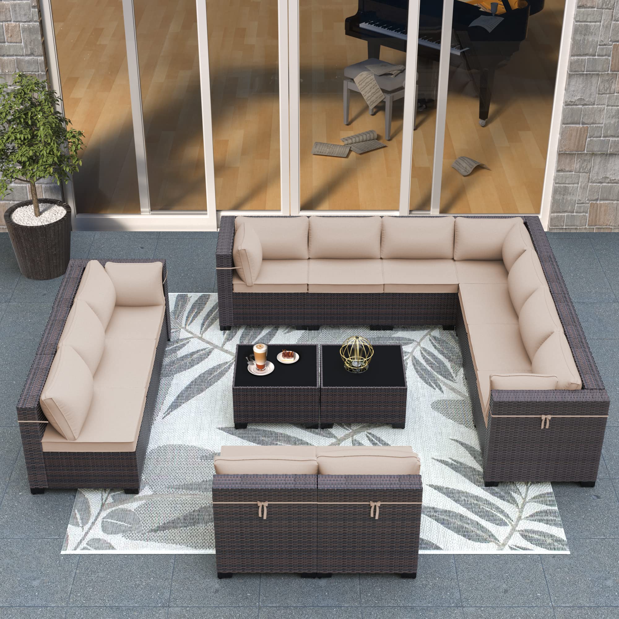 ASJMR Outdoor Patio Furniture Set, 14 Pieces Outdoor Sectional Furniture Patio Sofa, All-Weather PE Rattan Patio Conversation Set with Tempered Glass Top Table & Cushions(Brown).