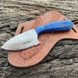 SUSA KNIVES Custom Handmade Excellent Farrier Rasp Bull Cutter knives horse file steel bull cutter knife, cowboy skinner knife with pancake leather sheath (BLUE)