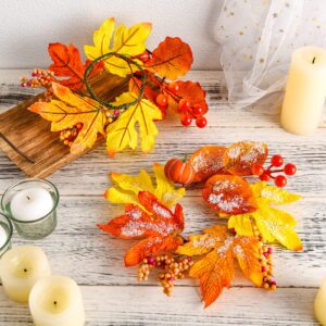 6 Pcs Fall Candle Rings Wreaths Thanksgiving Artificial Pumpkin Maple Leaf Candle Garland with Berries Candle Rings for Pillars Autumn Wedding Parties Centerpieces Fall Table Decor