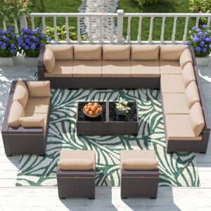 asjmr outdoor patio furniture set, 14 pieces outdoor sectional furniture patio sofa, all-weather pe rattan patio conversation set with tempered glass top table & cushions(brown).