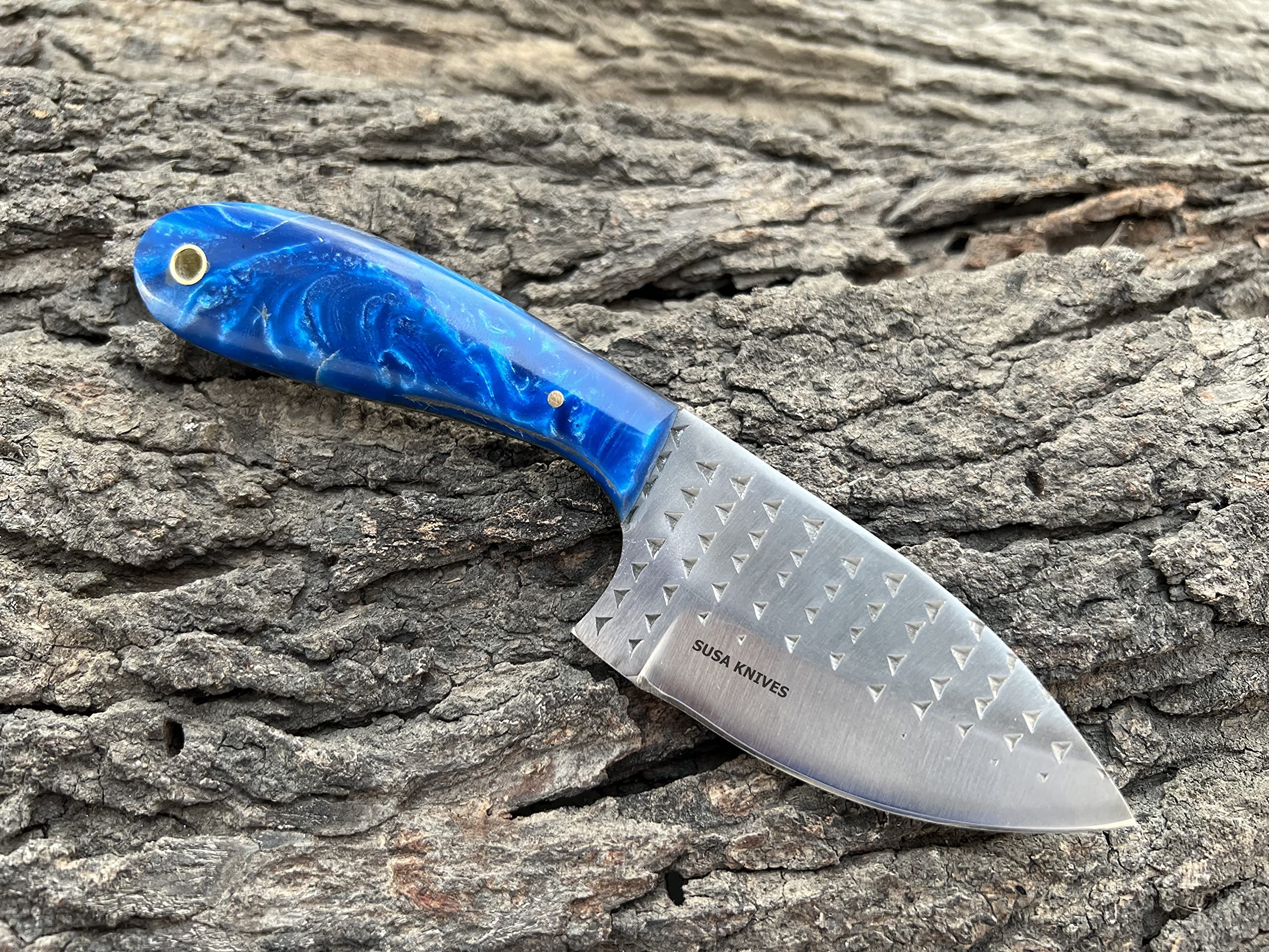 SUSA KNIVES Custom Handmade Excellent Farrier Rasp Bull Cutter knives horse file steel bull cutter knife, cowboy skinner knife with pancake leather sheath (BLUE)