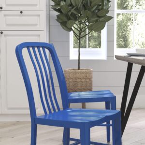 Merrick Lane Santorini Indoor/Outdoor Dining Chair - Blue Galvanized Steel Frame - 18 Inch Seat - Slatted Back