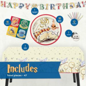 Harry Potter Birthday Decorations Kit | Harry Potter Birthday Party Supplies | With Harry Potter Table Cover, Banner, Dinner Plates, Napkins, Candles, Button | Serves 16