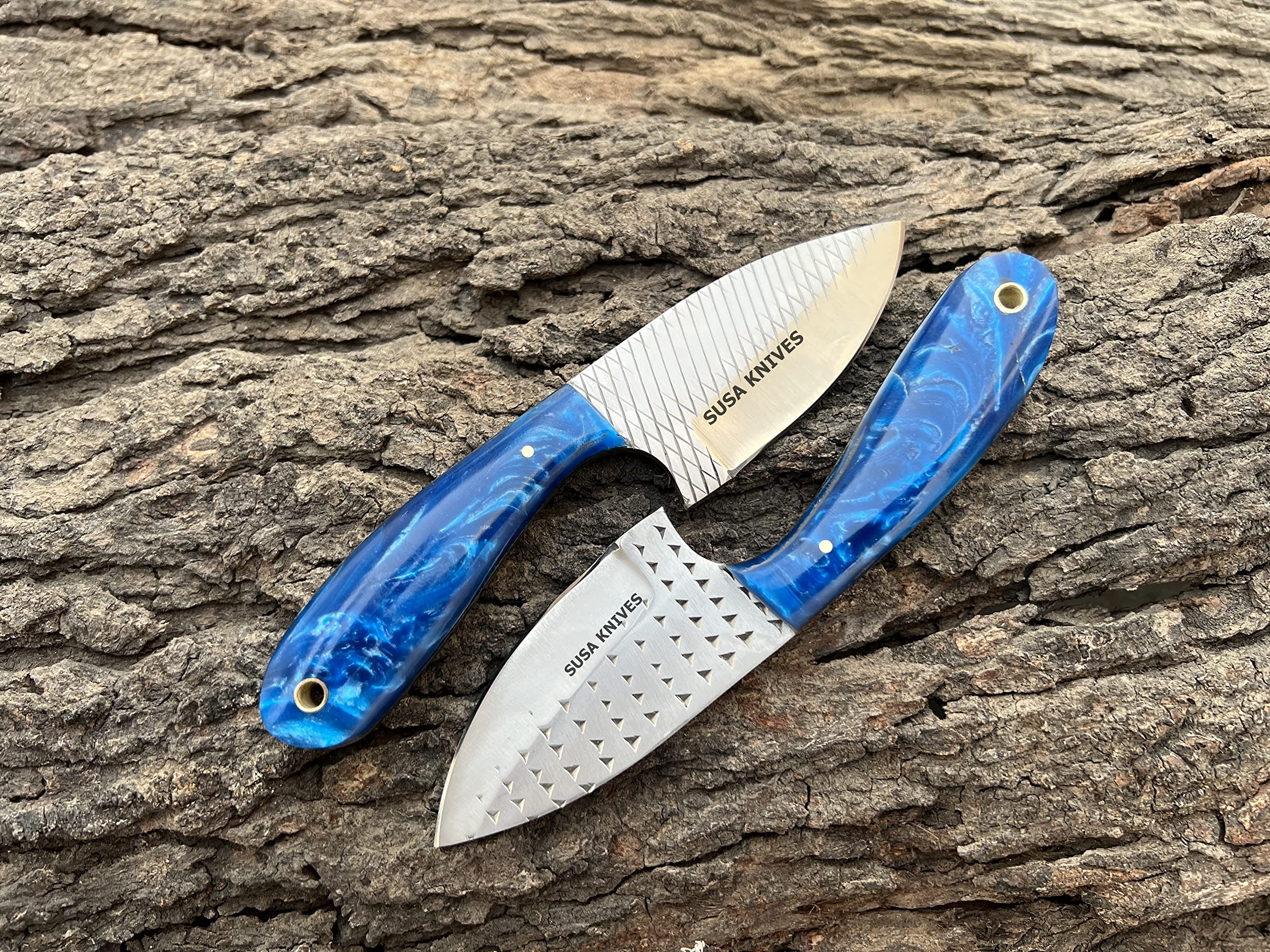 SUSA KNIVES Custom Handmade Excellent Farrier Rasp Bull Cutter knives horse file steel bull cutter knife, cowboy skinner knife with pancake leather sheath (BLUE)