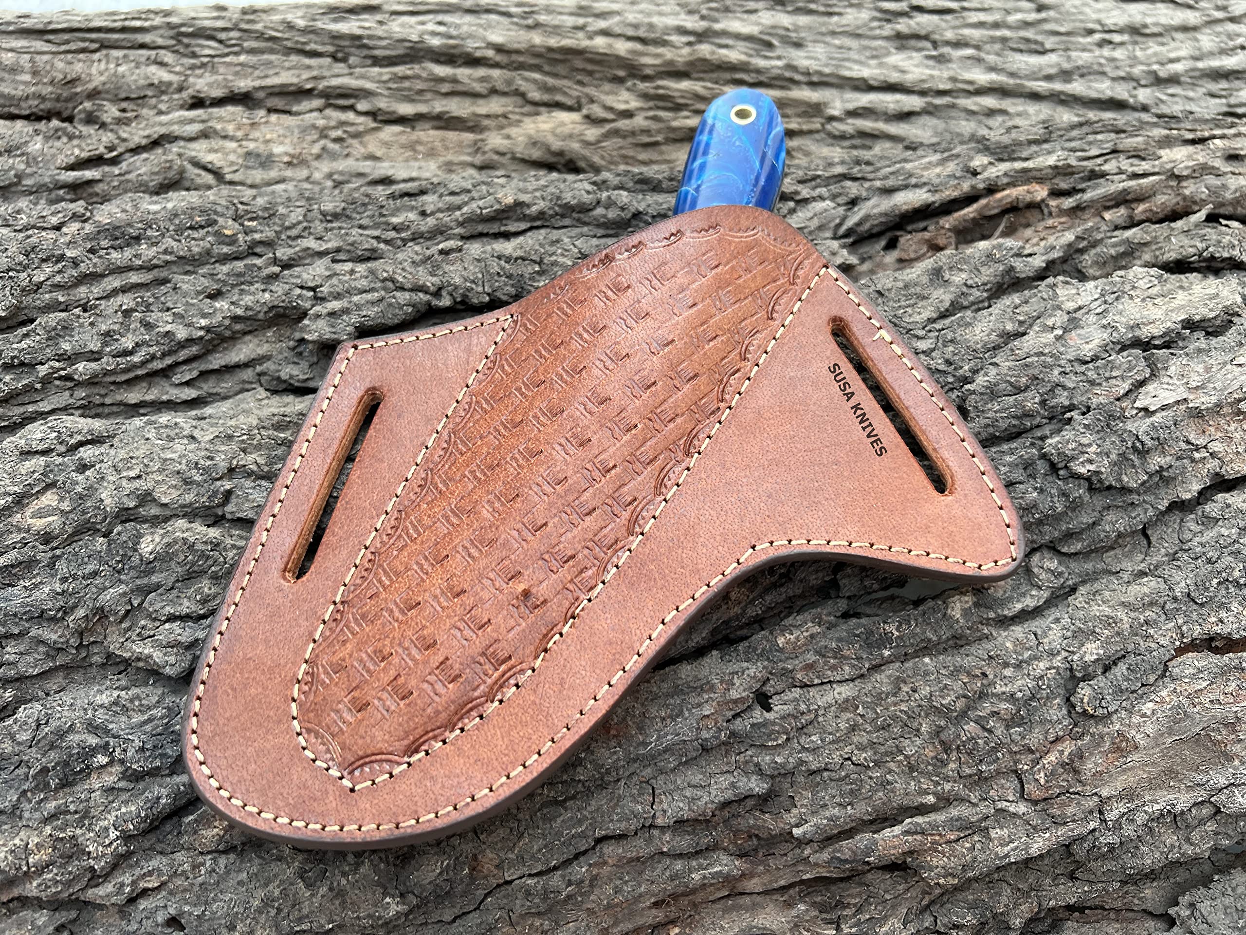 SUSA KNIVES Custom Handmade Excellent Farrier Rasp Bull Cutter knives horse file steel bull cutter knife, cowboy skinner knife with pancake leather sheath (BLUE)